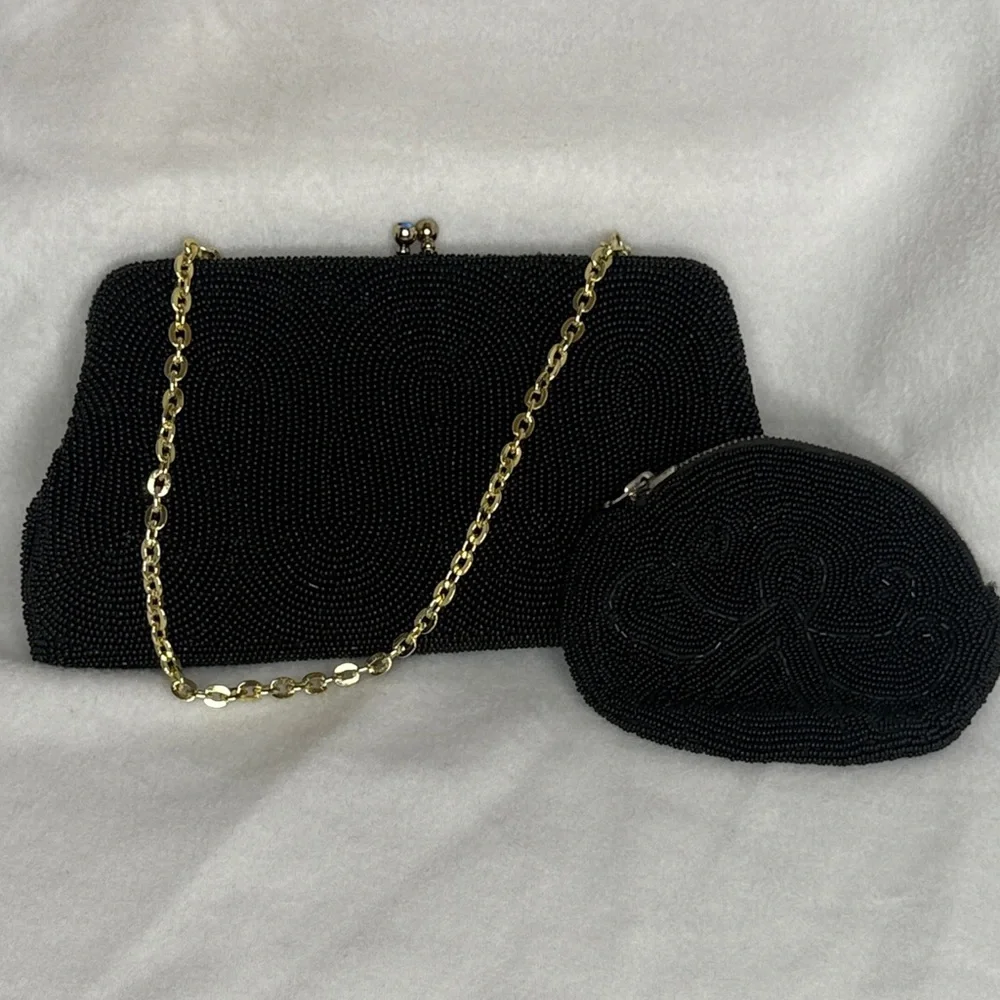 Vintage Black Beaded Kisslock Clutch Handbag and Coin Purse Set Made in Japan